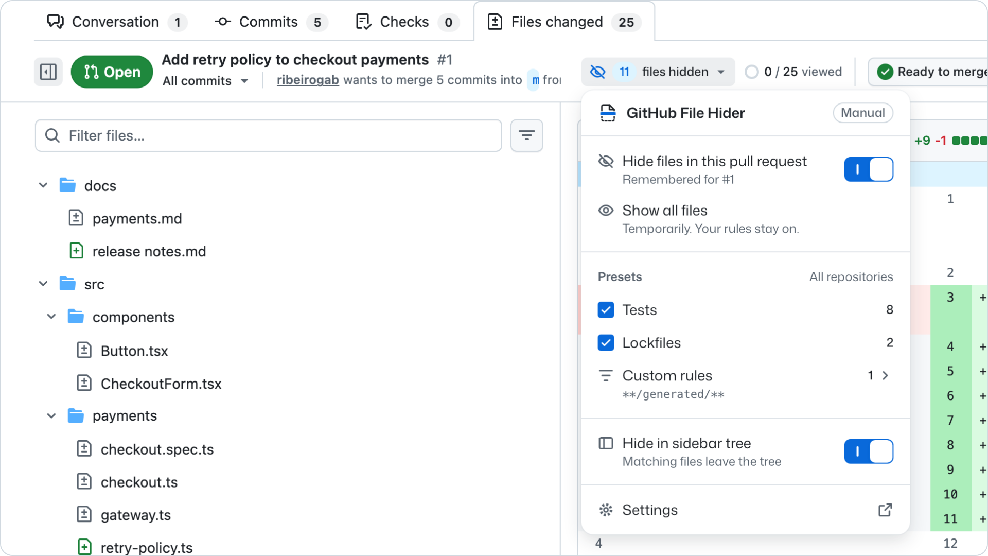 The GitHub File Hider menu open on the Files changed page of the pull request Add retry policy to checkout payments. The toolbar control reads 11 files hidden. The Tests and Lockfiles presets are on with counts 8 and 2, one custom rule hides generated files, and Hide in sidebar tree is on.